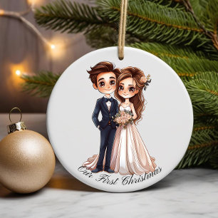 Ornamento De Cerâmica Casal de Casamento Personalizado, Nosso Primeiro N