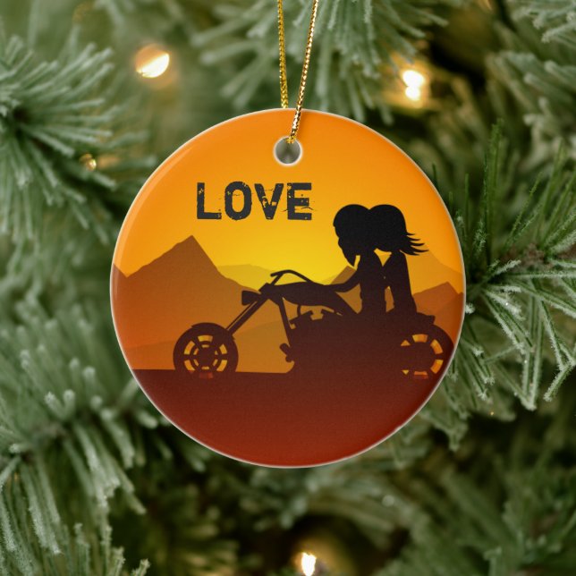 Ornamento De Cerâmica Casal de motocicleta personalizado no Sunset LOVE (Árvore)