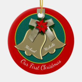 Ornamento De Cerâmica Casal de Natal Twin Dourado Bells