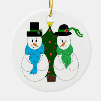 Ornamento De Cerâmica Casal de Neve Encantador Aparado em Verde