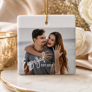 Ornamento De Cerâmica Casal de Noivos Foto de Casamento Script Coração