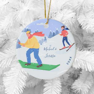 Ornamento De Cerâmica Casal de Snowboard e Skiing Extreme para esportes