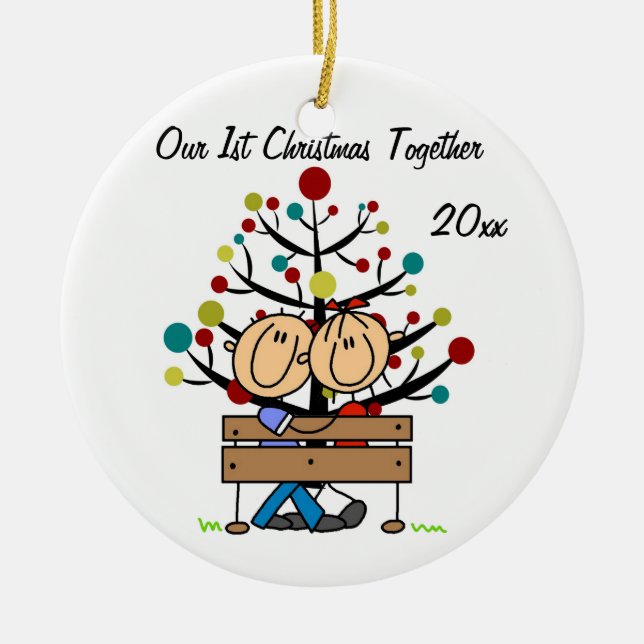 Ornamento De Cerâmica Casal no Bench Personalizado Holiday Ornament (Frente)