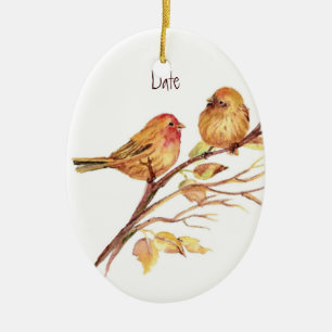 Ornamento De Cerâmica Casal Pássaro Sparrow Cut Datado Personalizado