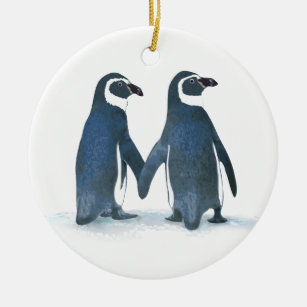 Ornamento De Cerâmica Casal Pinguim Bonito Segurando Mãos