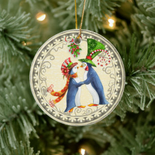 Ornamento De Cerâmica Casal Pinguim Personalizado Mistura Natal