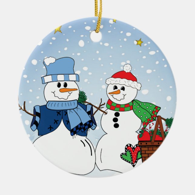 Ornamento De Cerâmica Casal primitivo da neve (Frente)