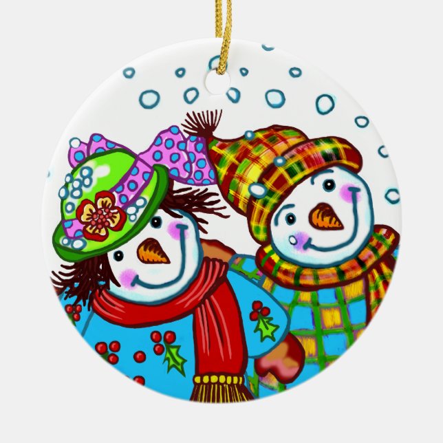 Ornamento De Cerâmica Casal Snowman (Frente)