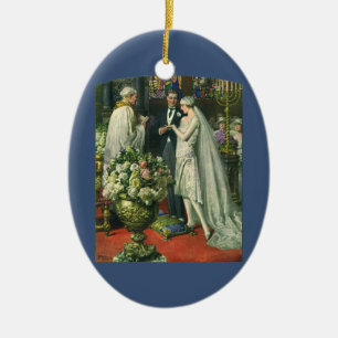 Ornamento De Cerâmica Casamento Antigo, Noiva e Noivo com Menorá