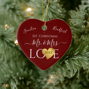 Ornamento De Cerâmica Casamento Burgandy Red Heart Christmas Nome Sr. Sr