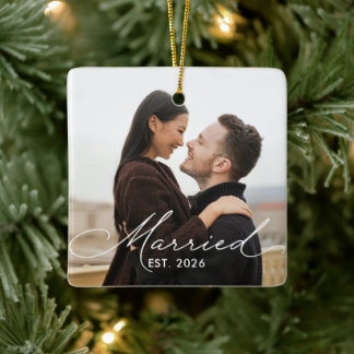 Ornamento De Cerâmica Casamento Caligrafia Foto Recém-casados