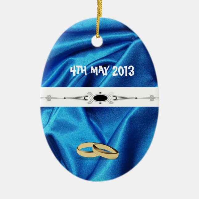 Ornamento De Cerâmica Casamento com Efeito da Seda Azul Profundo (Frente)