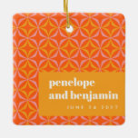 Ornamento De Cerâmica Casamento com Tipografia Ortográfica Amarelo Laran<br><div class="desc">Ornamento cerâmico personalizado de cor laranja moderna e retrorada amarela</div>