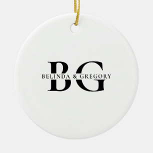 Ornamento De Cerâmica Casamento de Iniciais de Monograma Branco e Preto