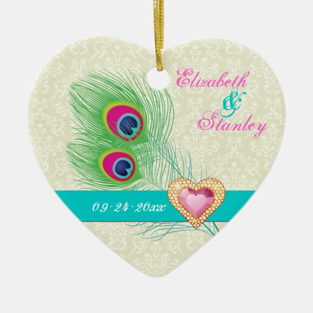 Ornamento De Cerâmica Casamento de joia da pena de Peacock (Frente)