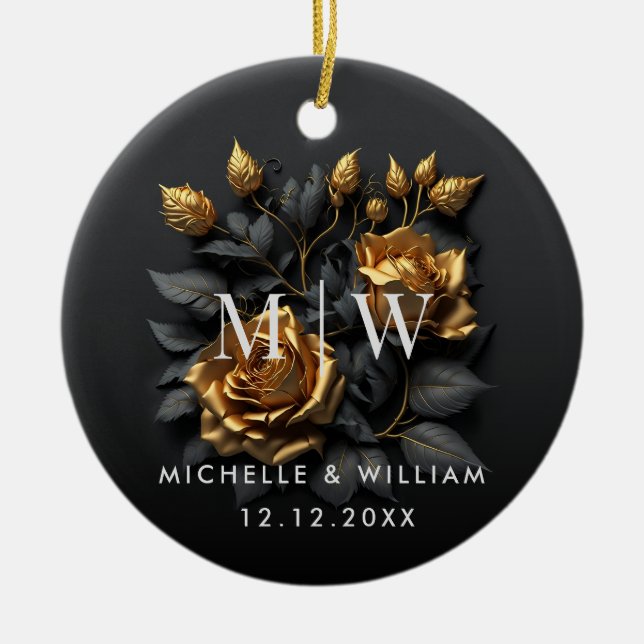 Ornamento De Cerâmica Casamento de Monograma Gótico de Rosas Dourados Pr (Frente)