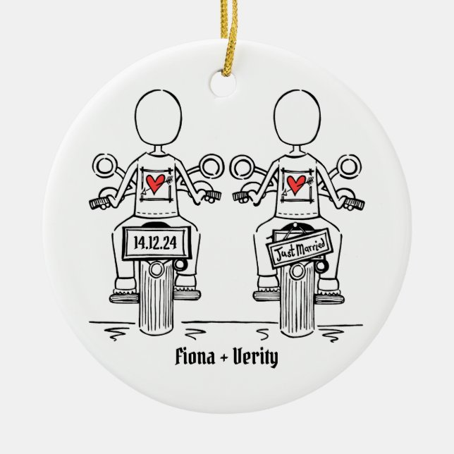 Ornamento De Cerâmica Casamento de motocicleta de duas noivas Biker (Frente)