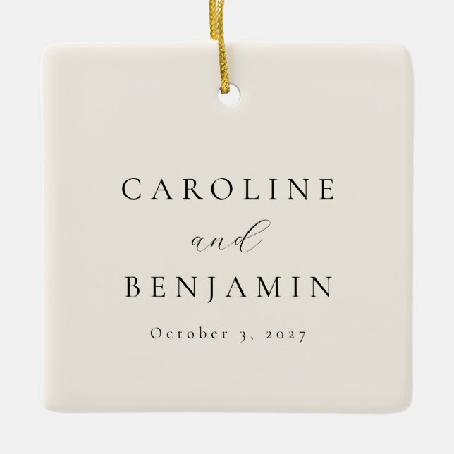 Ornamento De Cerâmica Casamento de Nome Personalizado de Ivory Minimalis (Frente)