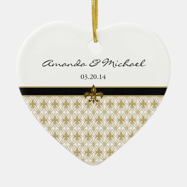 Ornamento De Cerâmica Casamento Dourado preto do teste padrão da flor de (Frente)