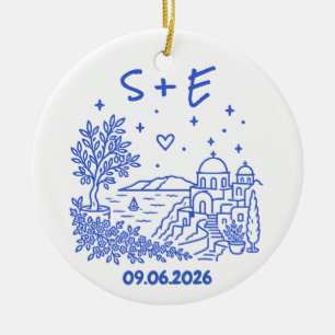 Ornamento De Cerâmica Casamento em Santorini com Iniciais e Data