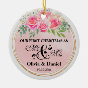 Ornamento De Cerâmica Casamento entre o Elegante e a Sra. Blush Pink Flo