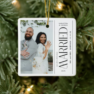 Ornamento De Cerâmica Casamento Foto Recém-Casados Natal
