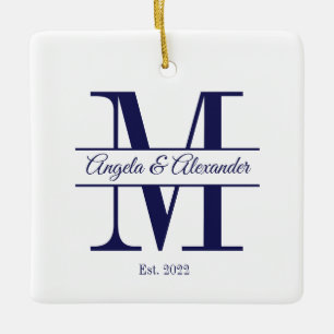 Ornamento De Cerâmica Casamento Minimalista Azul Marinho Monograma Divid