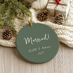 Ornamento De Cerâmica Casamento Personalizado Casal Manuscrito Verde