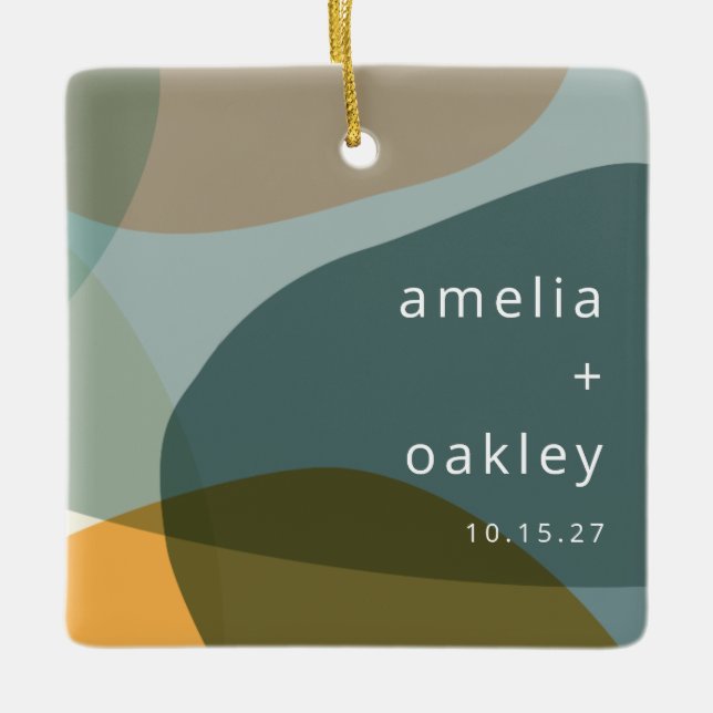 Ornamento De Cerâmica Casamento Personalizado de Teal Verde da Abstrato  (Frente)