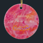 Ornamento De Cerâmica Casamento Romântico de Cor Quente<br><div class="desc">Rosa Quente, Laranja e Amarelo Ouro rodopiam neste olhar romântico, porém moderno. O caule solteiro da acácia ouro amarela enfeita o canto inferior e o centro traseiro. Tintas coloridas brilhantes numa espiral de abstrato. Laranja escolhido para uma borda de quadro na área de foto personalizada do verso, mas você pode...</div>