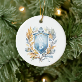 Ornamento De Cerâmica Casamento Romântico do Monograma Azul Clássico