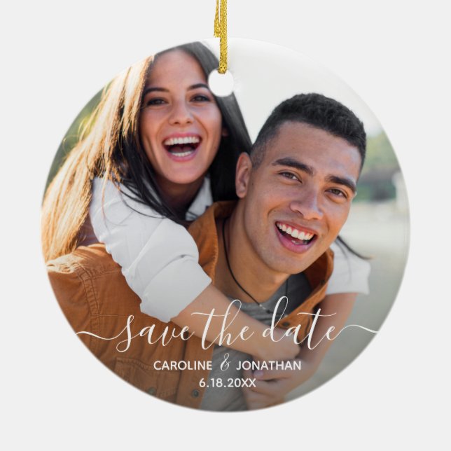 Ornamento De Cerâmica Casamento Salve a Data Foto Bonito Caligrafia (Traseira)