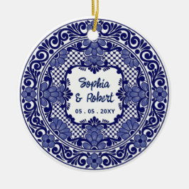Ornamento De Cerâmica Casamento Talavera Azul Mexicano