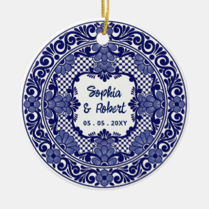 Ornamento De Cerâmica Casamento Talavera Azul Mexicano