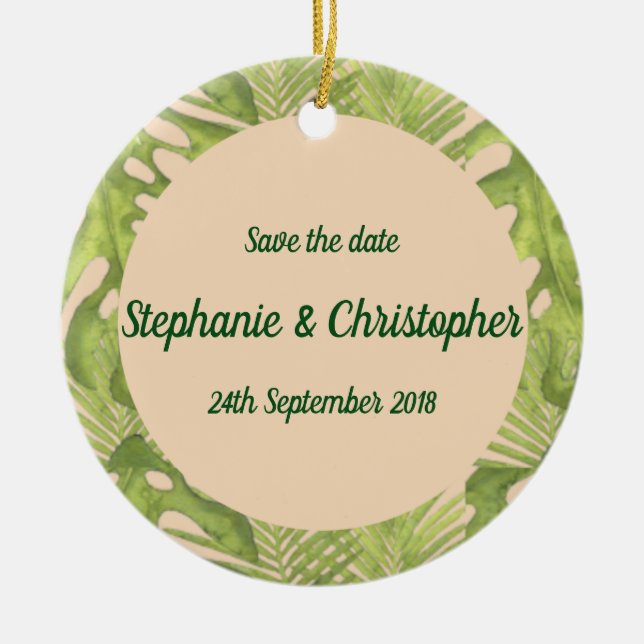 Ornamento De Cerâmica Casamento Verde Tropical e Blush (Frente)