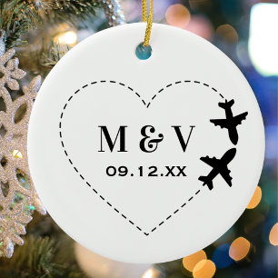Ornamento De Cerâmica Casamento Viagem Dois Aviões formam Coração Modern