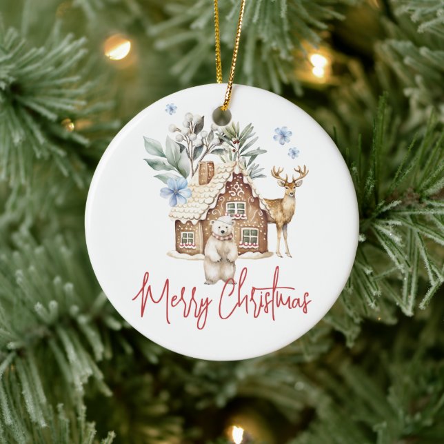 Ornamento De Cerâmica Casas de Pão-de-Água, Urso Polar e Reindee (Árvore)