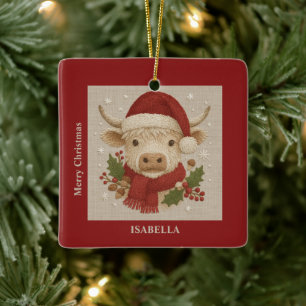 Ornamento De Cerâmica Casca russa com Vaca Highland com Santa Hat