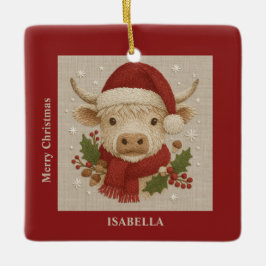 Ornamento De Cerâmica Casca russa com Vaca Highland com Santa Hat
