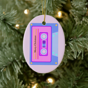 Ornamento De Cerâmica Cassete de Áudio Retroativo Pastel Rosa Feliz Nata