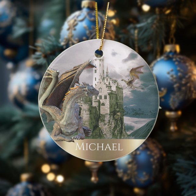Ornamento De Cerâmica Castelo de Bronze Dragão Personalizado Fantasia (Criador carregado)
