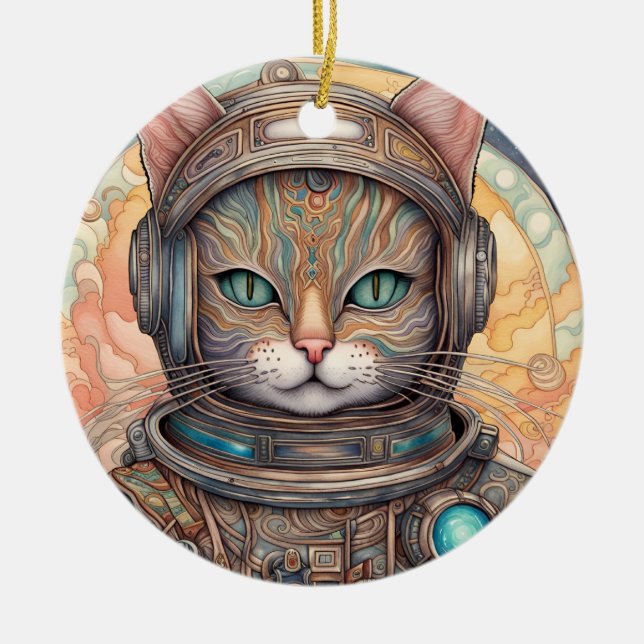 Ornamento De Cerâmica Cat Astronauta detalhadamente arte de anime detalh (Frente)