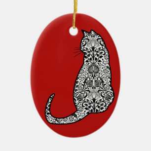 Ornamento De Cerâmica Cat em um padrão de Nouveau de Arte Negra e Branca