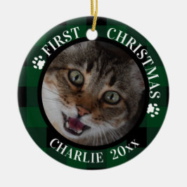 Ornamento De Cerâmica Cat First Christmas 2-Photo Green e Black Xadrez