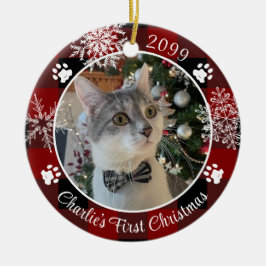Ornamento De Cerâmica Cat First Christmas Red Black Xadrez Fotografia