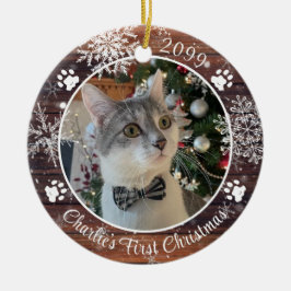 Ornamento De Cerâmica Cat First Christmas Rustic Wood Snowflake Foto