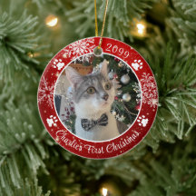 Cat First Christmas Snowflake Foto Red White