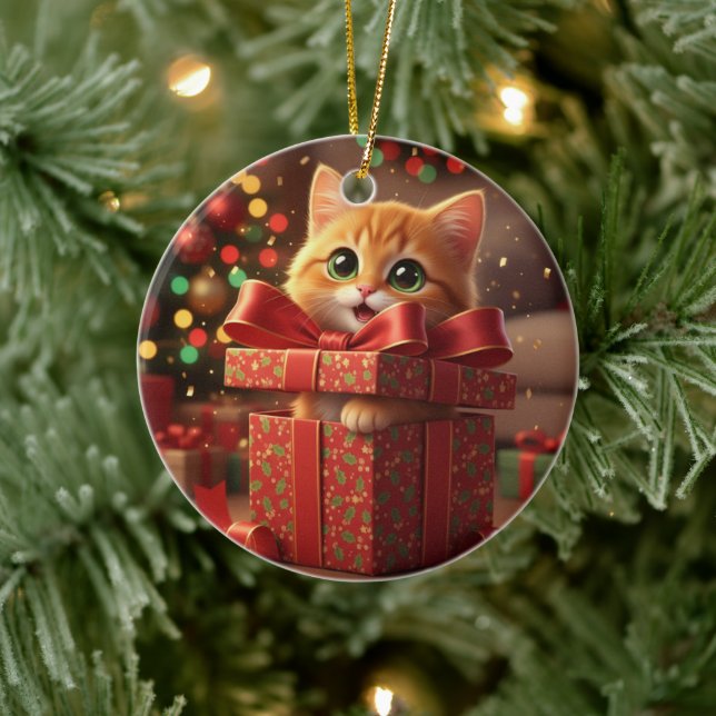 Ornamento De Cerâmica Cat in Gift Box - Cat Popping Out of Present Xmas (Árvore)