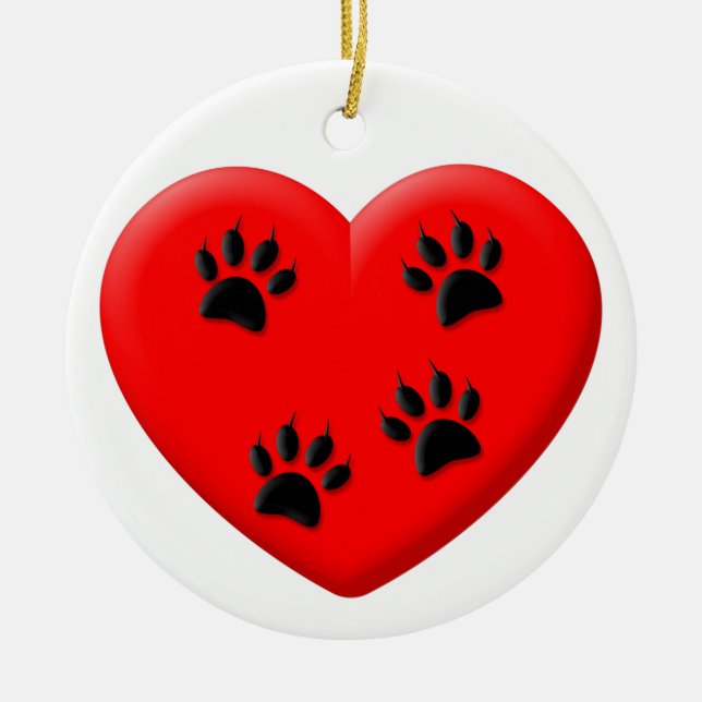 Ornamento De Cerâmica Cat Lover Red Heart And Paws Classic (Frente)