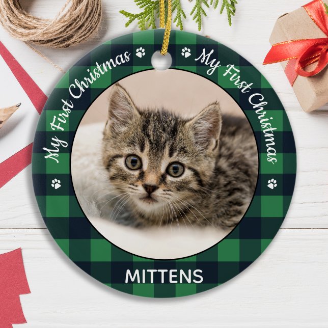 Ornamento De Cerâmica Cat Pet Photo Green Xadrez Kitten Primeiro Natal (Criador carregado)
